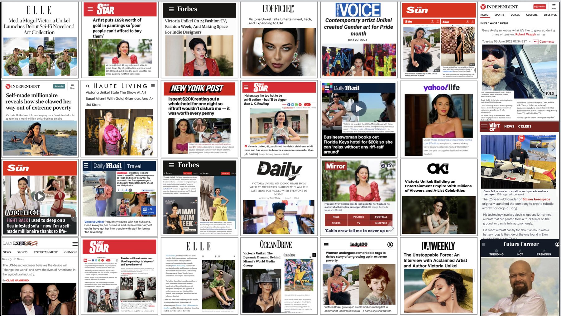 Selected press coverage of Victoria Unikel, Gene Avakyan, and VUGA Media Group — featured in ELLE, Forbes, NY Post, Daily Mail, Daily Star, L'Officiel, The Sun, The Independent, Haute Living, Mirror, OK!, Yahoo, LA Weekly, Ocean Drive, Daily Front Row, and more.